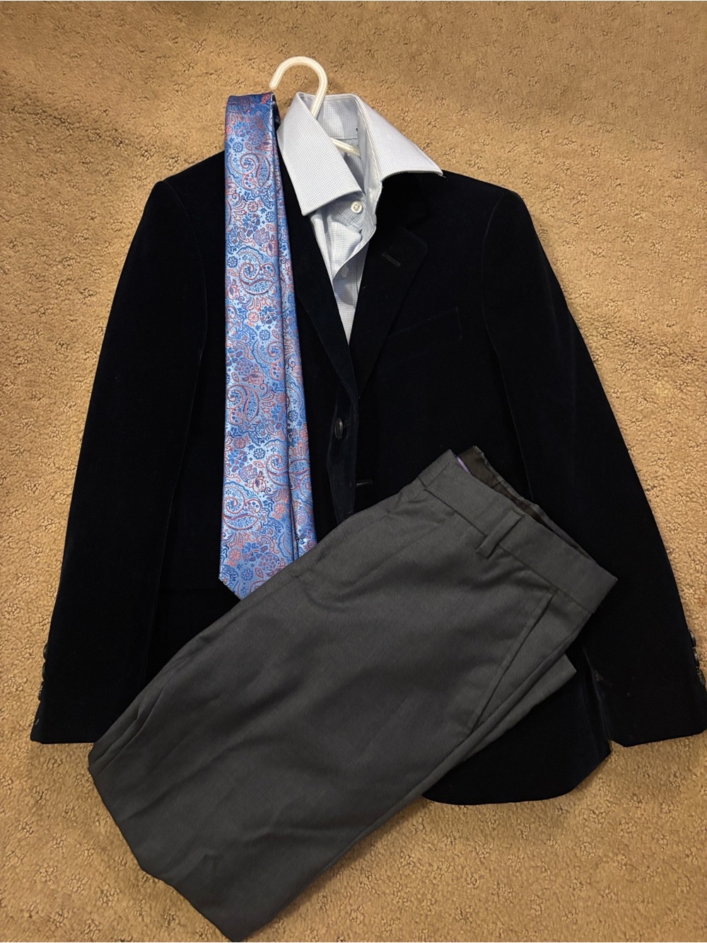 Complete Boys Outfit - featuring Velvet blue jacket and charcoal Dress Pants